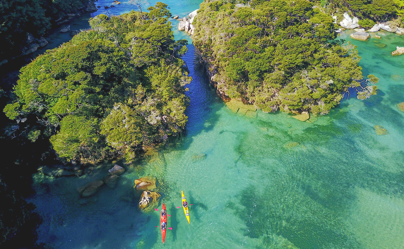 Sea kayakers paddling through the turquoise waters and golden bays of Abel Tasman National Park, South Island New Zealand