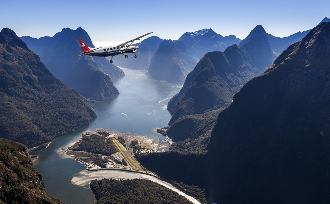 Aerial view of Milford Sound and Mitre Peak from a scenic flight above Fiordland National Park, New Zealand