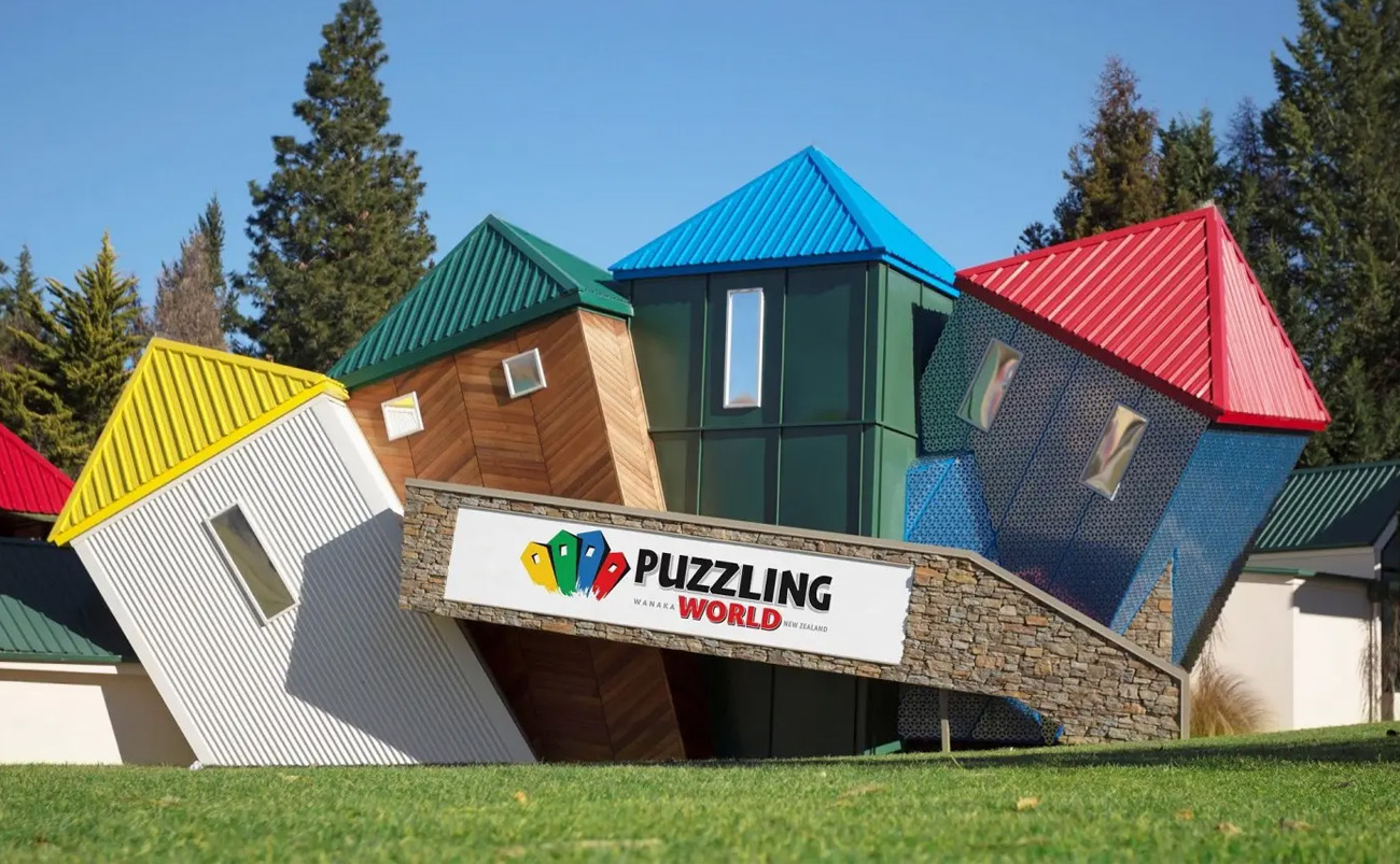 The famous leaning towers at Puzzling World in Wānaka, New Zealand
