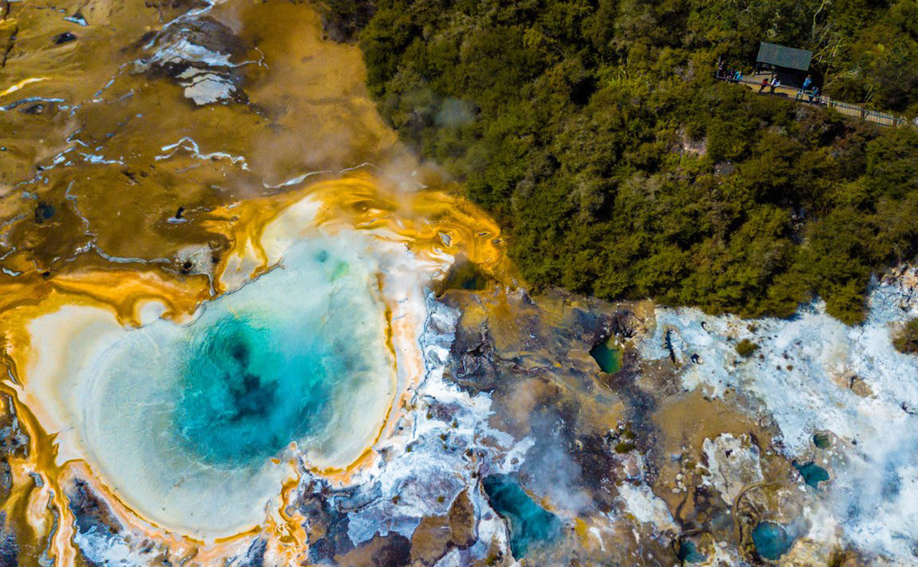 The colourful silica terraces and geothermal features of Ōrākei Kōrako Geothermal Park near Taupō, North Island New Zealand